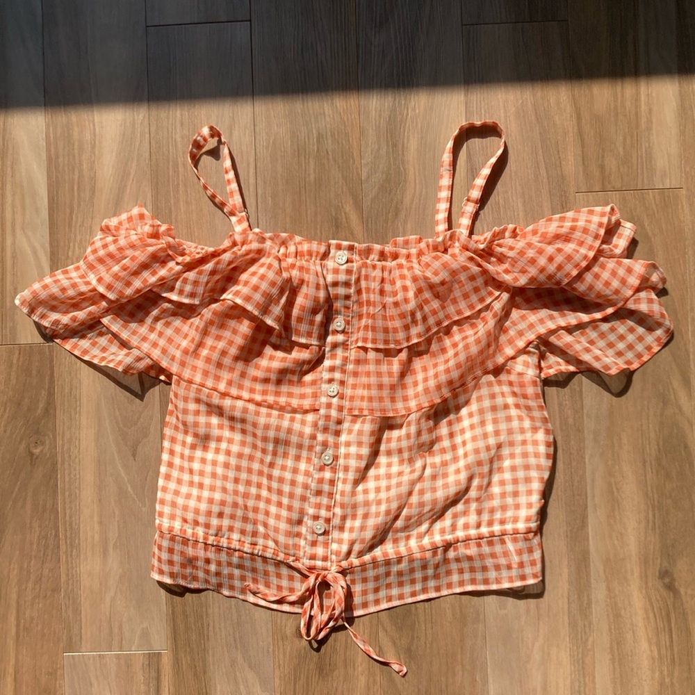 LC Lauren Conrad check print ruffle detail boho top S